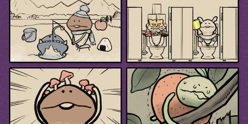 四个面板。左上方显示蘑菇，试图通过冰上的一个小洞将一条大鱼带走。右上角显示厨房厕所厕所厨房拿着厕纸。左下方显示蘑菇，头上有小蘑菇。右下显示了一个绿色蘑菇，试图将橙色从树枝上推开