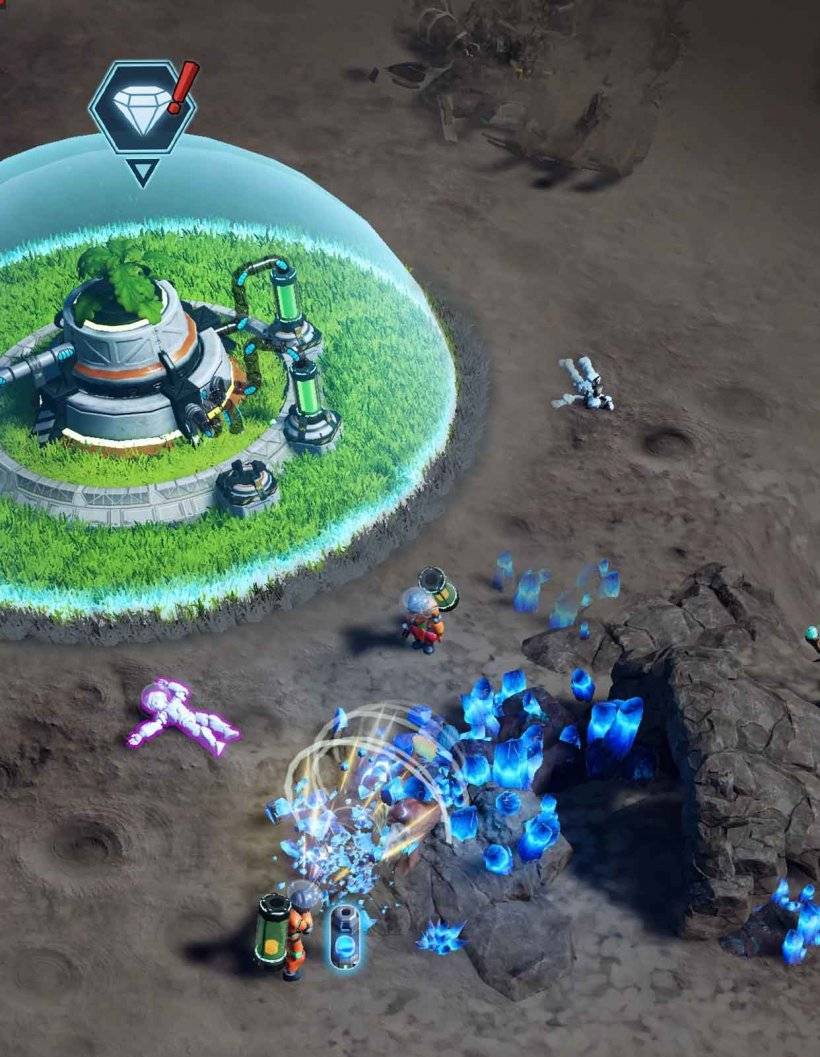 a group of astronauts mining resources in an alien planet