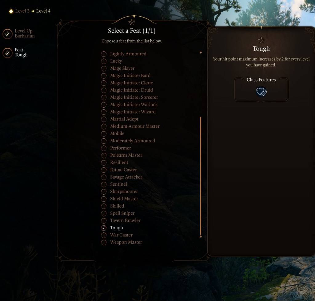 Una imagen que muestra la dura hazaña en Baldur's Gate 3 (BG3), como parte de un artículo sobre las mejores hazañas para seleccionar para la clase.