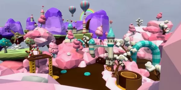 A picture of Wonkaesque candyland with chocolate rivers and cotton candy hills