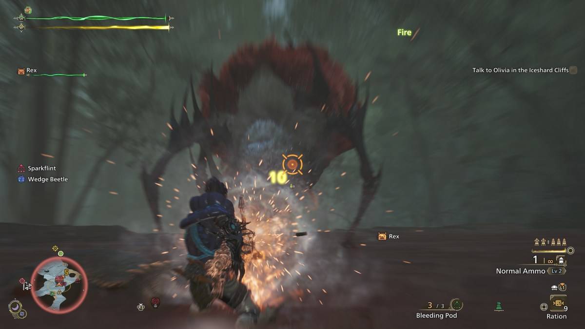 Ein Jäger in Monster Hunter Wilds, der normale Munition mit der leichten Bowgun gegen eine Lala -Barina verwendet