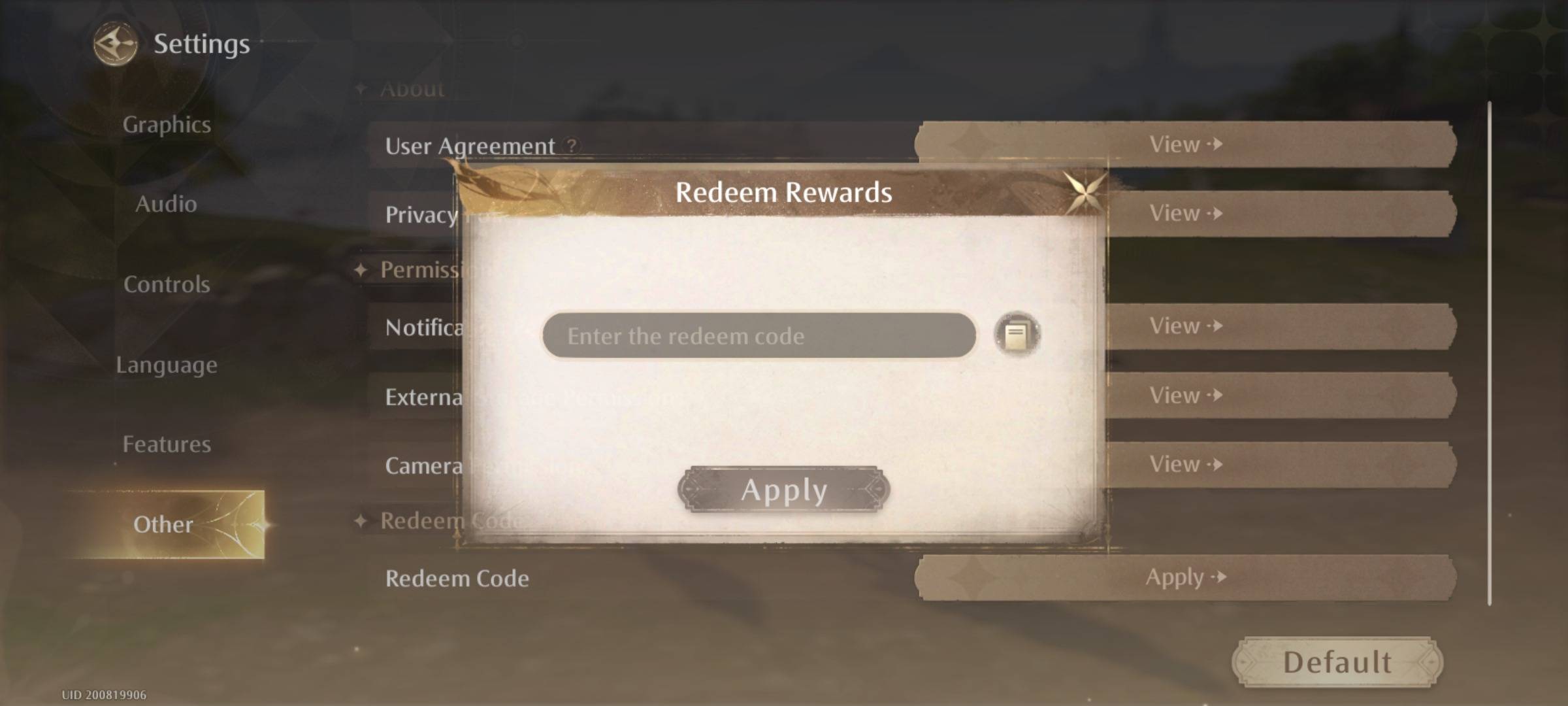 Infinity Nikki - Redeem Code Interface