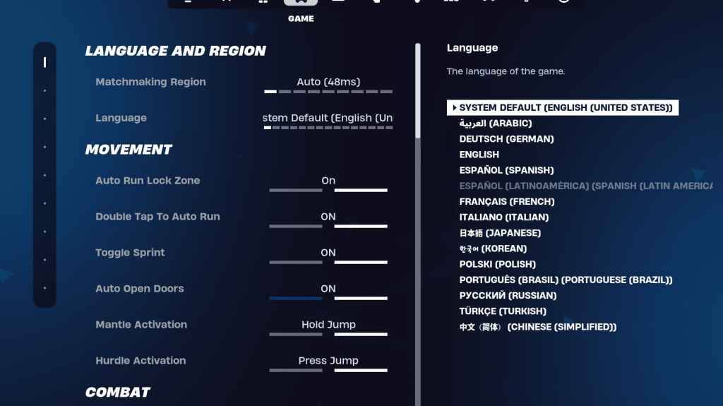 Fortnite -Spieleinstellungen