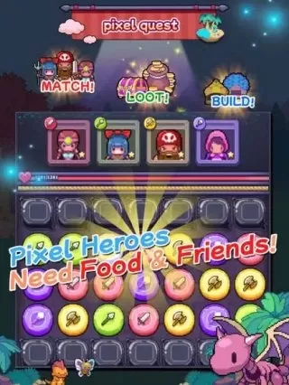 Ein Match-3-Gitter mit pixeligen Zeichen