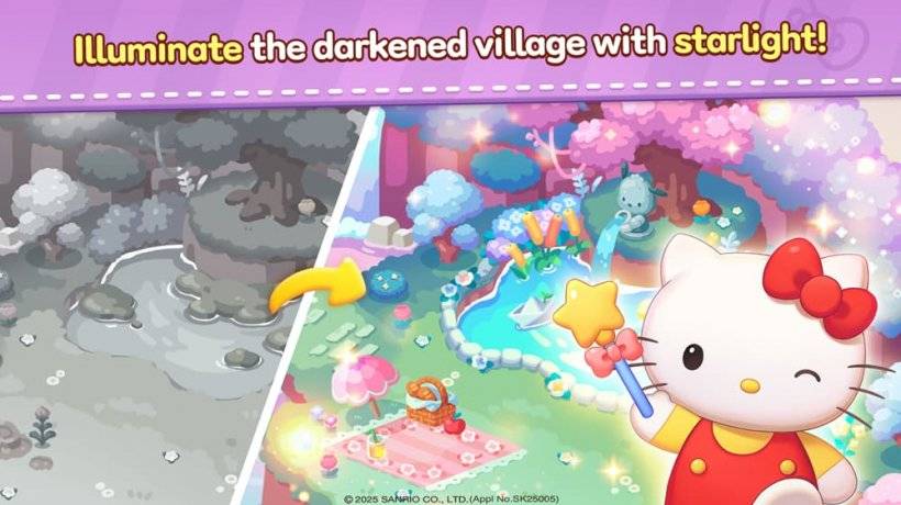 Hello Kitty magically restoring color to Dreamland with her sparkling wand