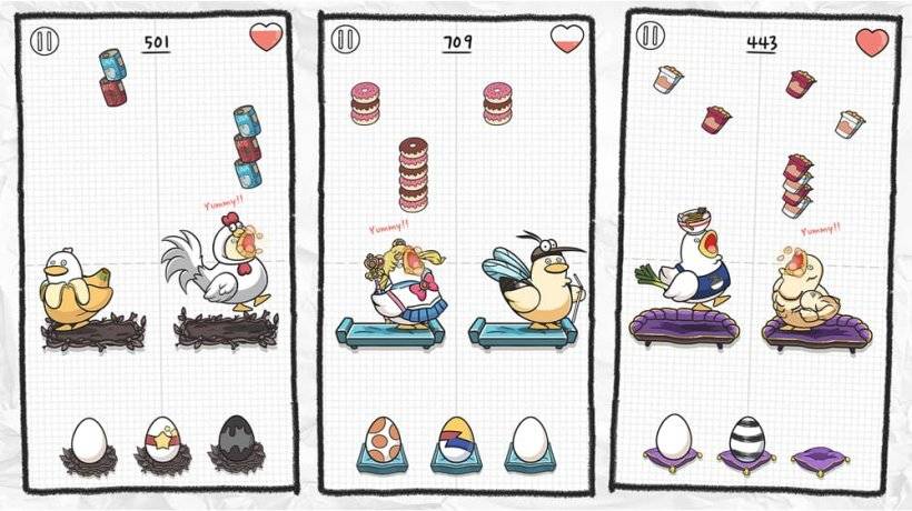 Une photo du gameplay de Duck Town montrant des aliments descendants se dirigeant vers divers canards habillés différemment, certains en cosplay