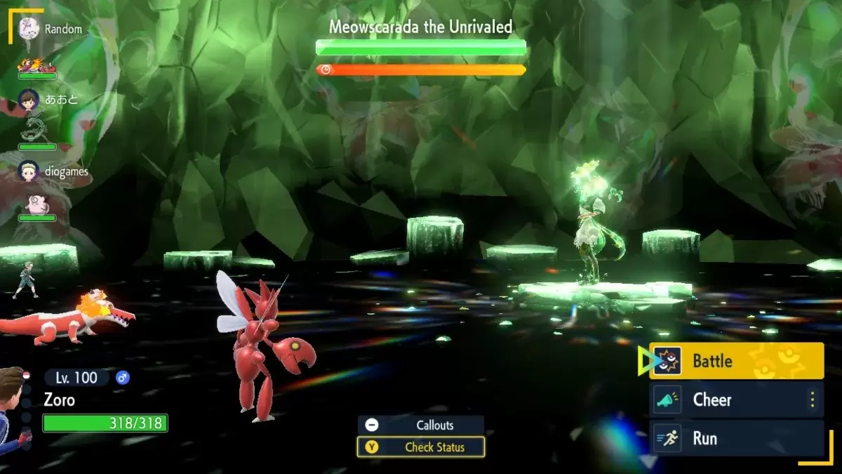 Meowscarada das unvergleichliche Pokemon Scarlet & Violet Tera Raid, das eine Schwäche für Angriffe vom Typ Käfer, Fire und Fliegen hat