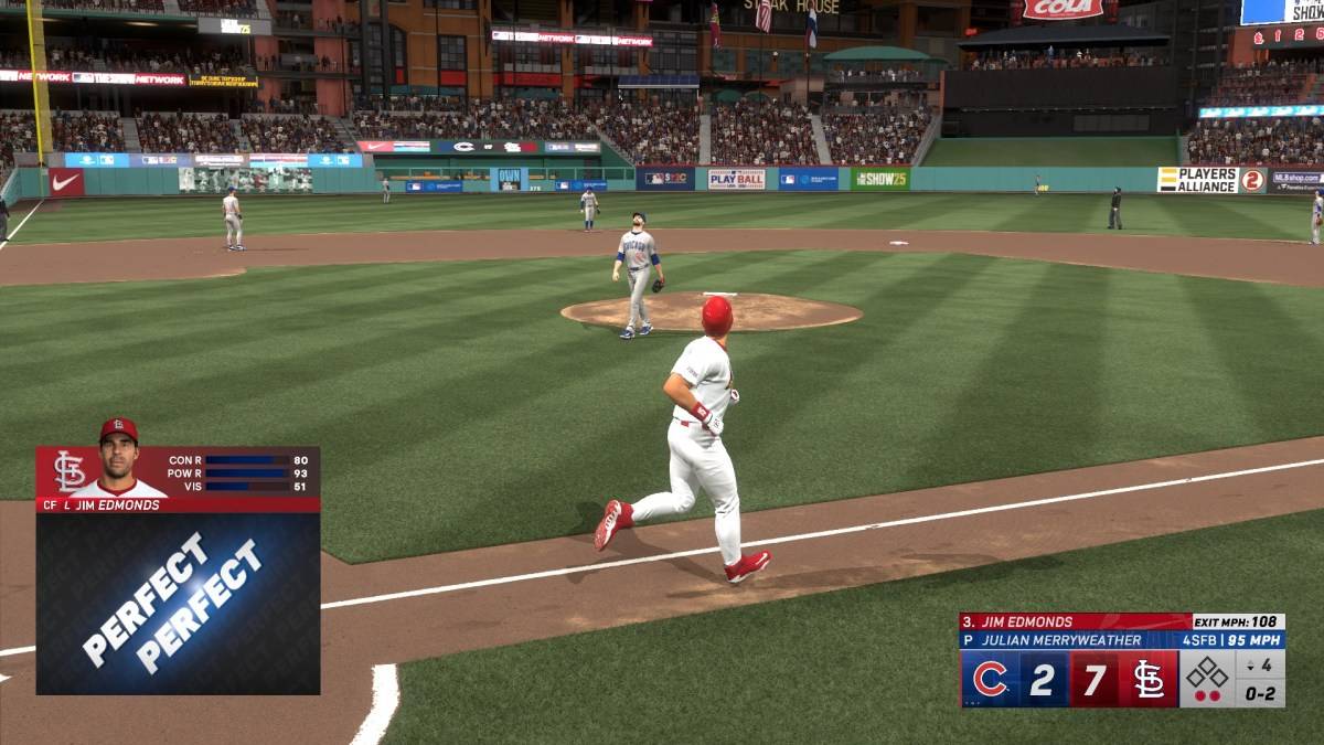 Jim Edmonds celebrating a home run in MLB The Show 25