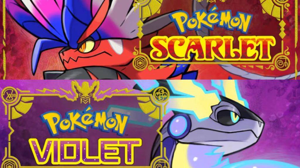 Cover Kunst für Pokemon Scarlet und Pokemon Violet mit Koraidon und Miradon sowie dem Game Logos