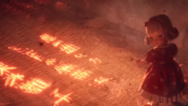 Silent Hill f doll in front of burning characters