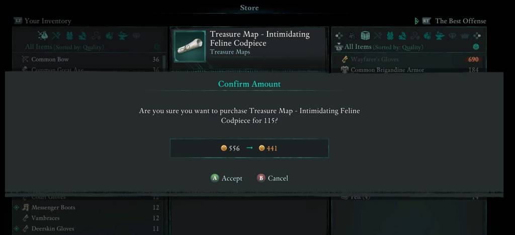 Ein Shop-Bildschirm in bekannter Bekanntheit der Schatzkarte- einschüchternde katzenkodisches Codpiece zum Verkauf.