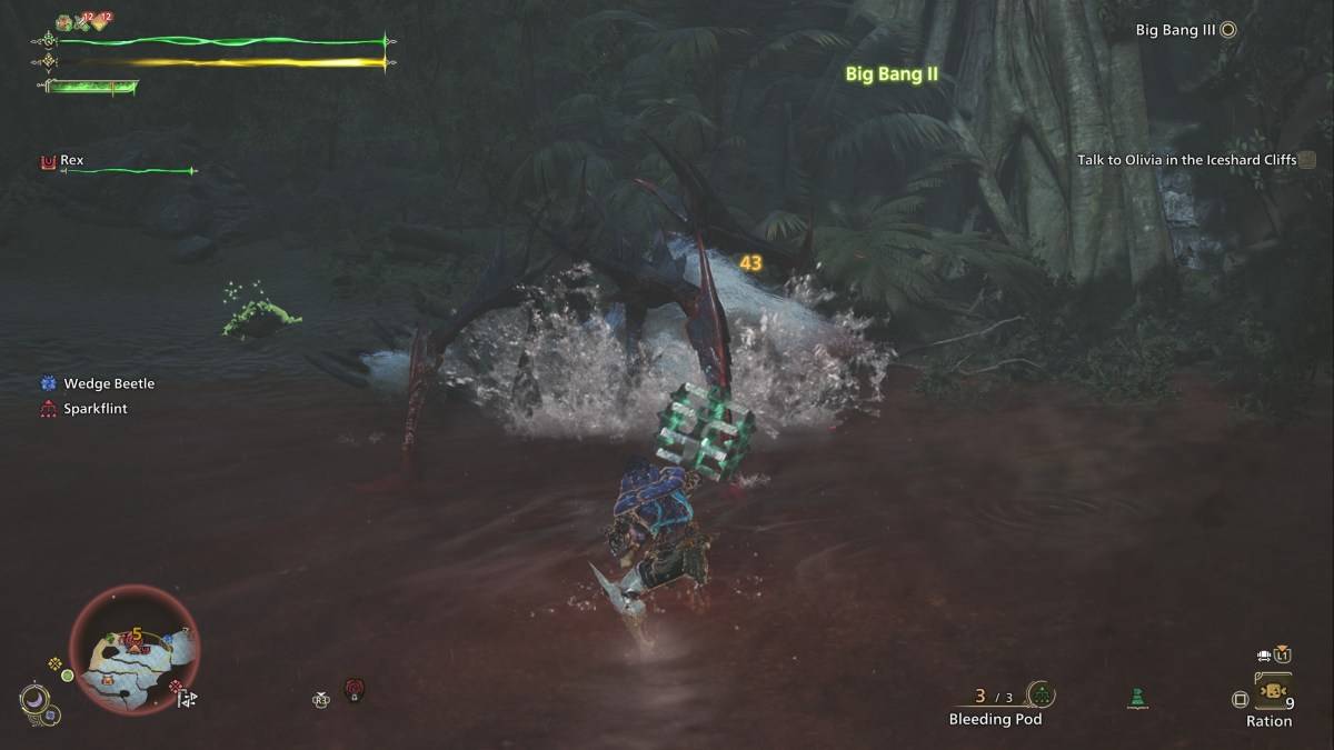 Ein Jäger in Monster Hunter Wilds, der einen Stun Hammer benutzt, um eine Lala -Barina anzugreifen