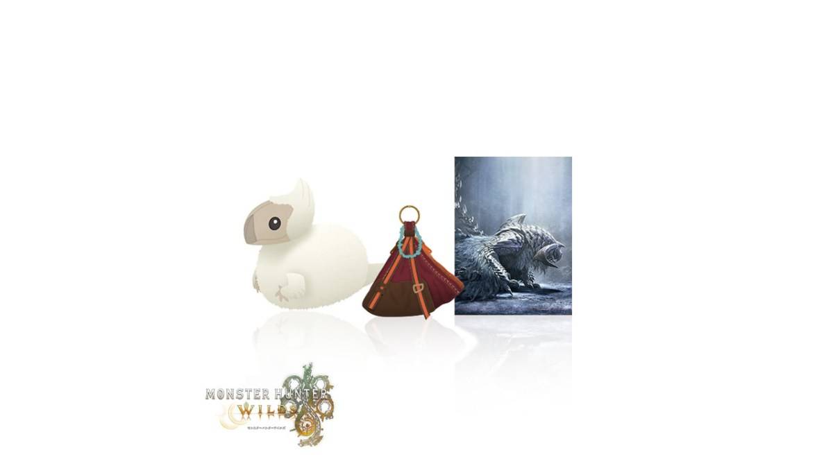 Die Ausgabe von Monster Hunter Wilds Collectors mit einem Bild des Spiels, einem flauschigen Spielzeug und einer Waffenbeutel.