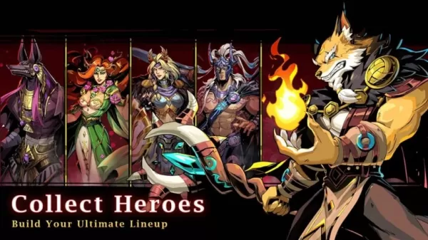 Una alineación de héroes mitológicos con un hombre con cabeza de perro frente y centro