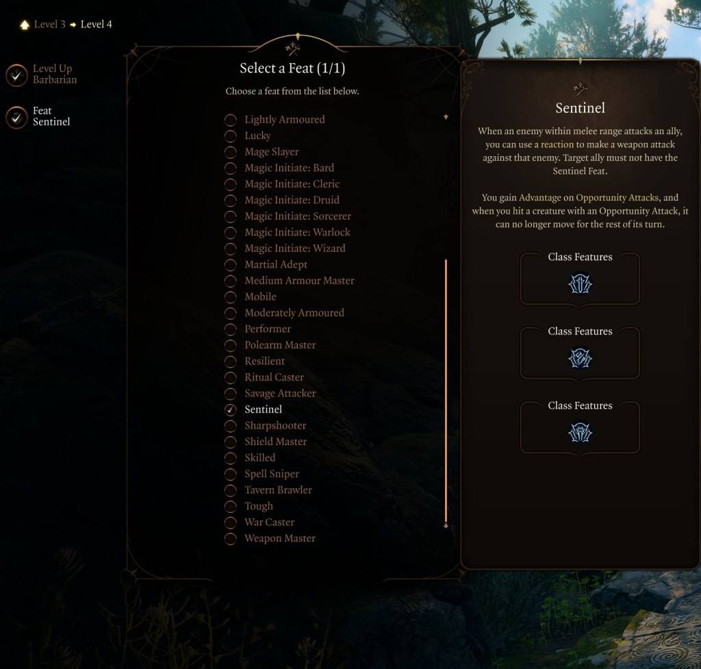 Una imagen que muestra la hazaña centinela en Baldur's Gate 3 (BG3), como parte de un artículo sobre las mejores hazañas para seleccionar para la clase.