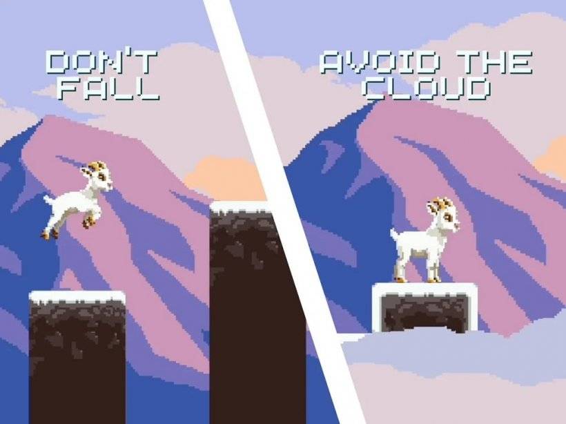 Pixelated goat jumping between platforms in Gizmoat